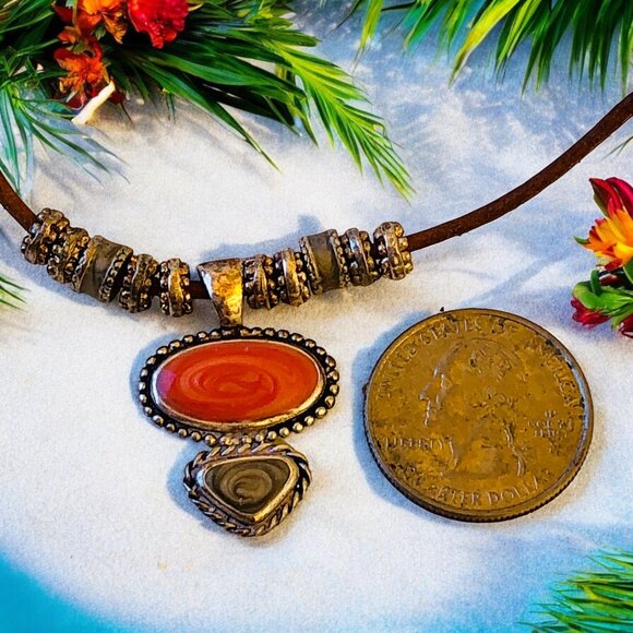 KC Necklace Pendant Cord Vintage Silver Plated Two Gemstones Signed Extender - Picture 5 of 11